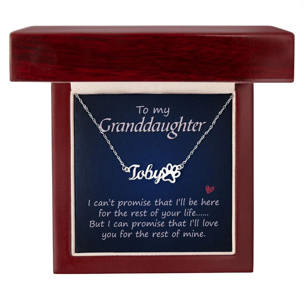 To My Granddaughter Personalized Silver Tone Paw Print Pet Name Necklace